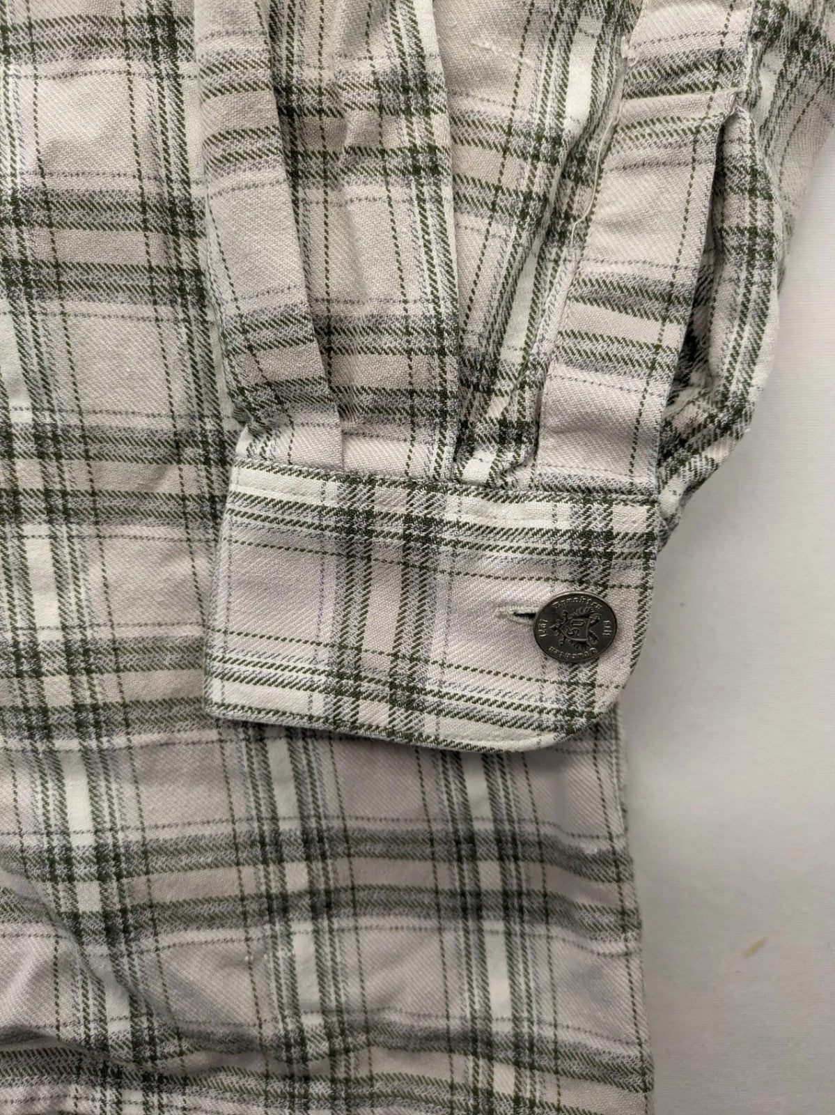 OS Trachten beige green checkered long sleeve shirt with button-up front and chest pocket.