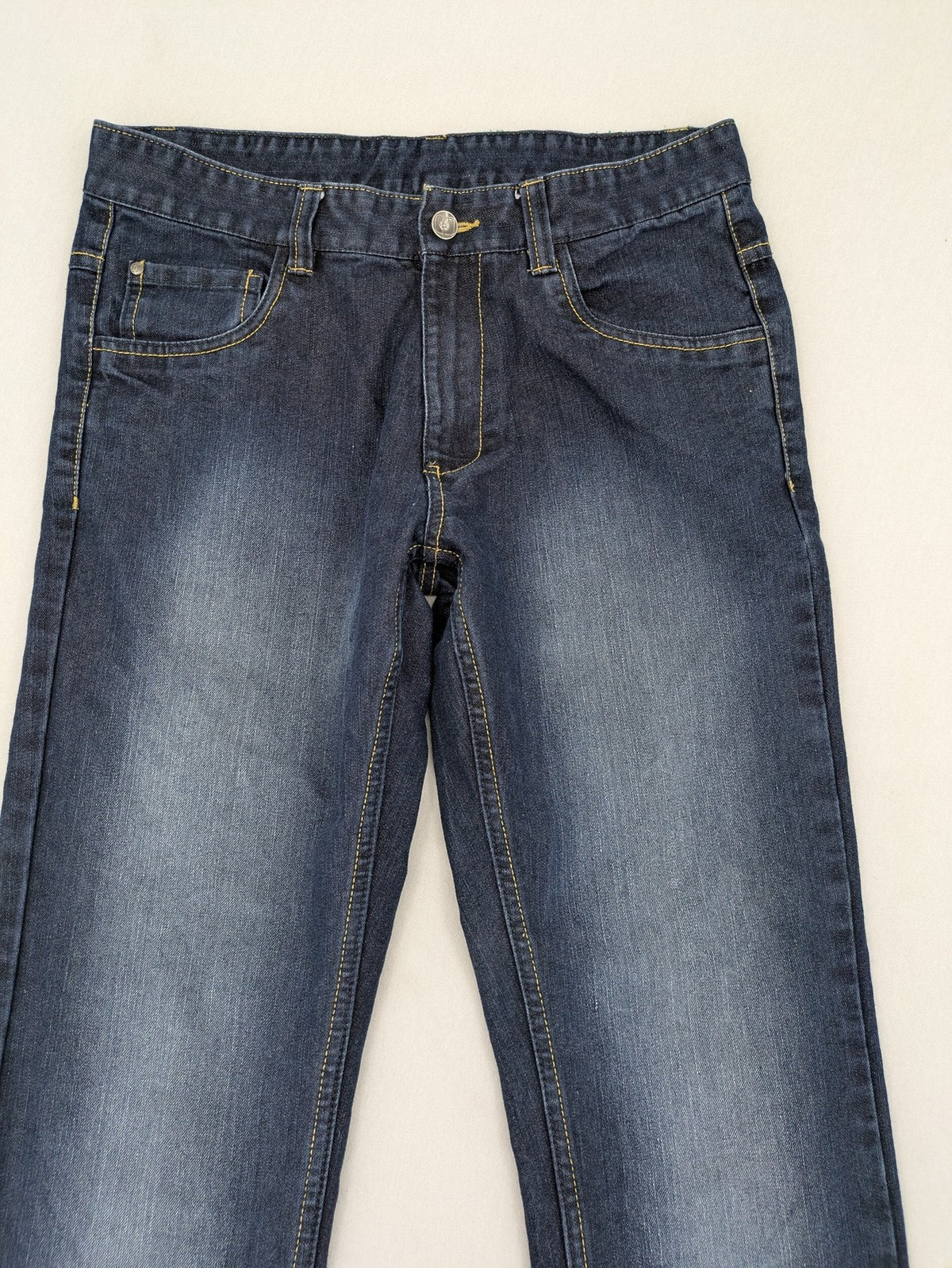 C&A blue straight leg jeans with classic 5-pocket design and faded wash details.