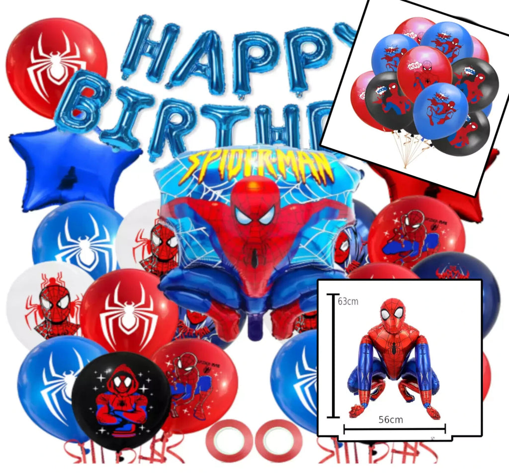 Spiderman party supply kit with red balloon and blue star-shaped balloon, vibrant design.