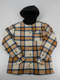 Bench cream flannel jacket with check pattern, black hood, and button placket.