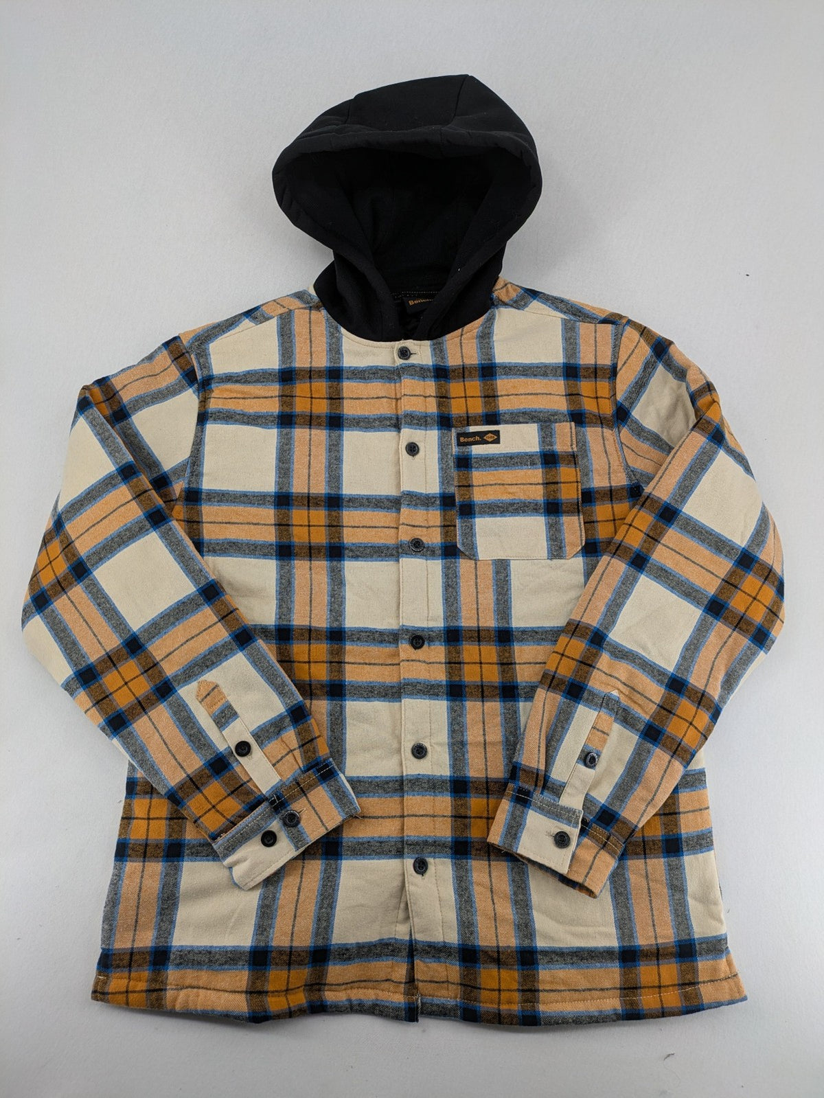Bench cream flannel jacket with check pattern, black hood, and button placket.