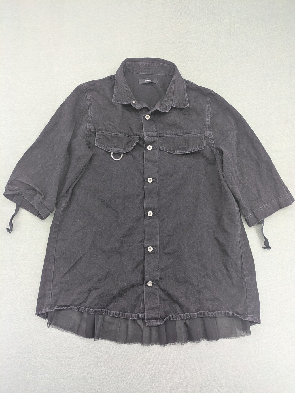 Diesel grey tunic top with denim front, pleated chiffon back, and D-ring detail.