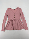SHEIN pink top V-neck with ruffled waist and three decorative buttons, waffle knit fabric.