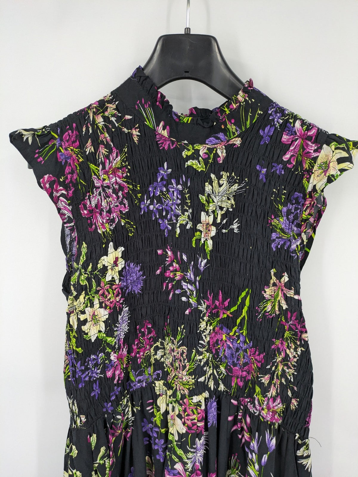 Bridal Party Dress multi floral pattern black background smocked bodice with stand-up collar
