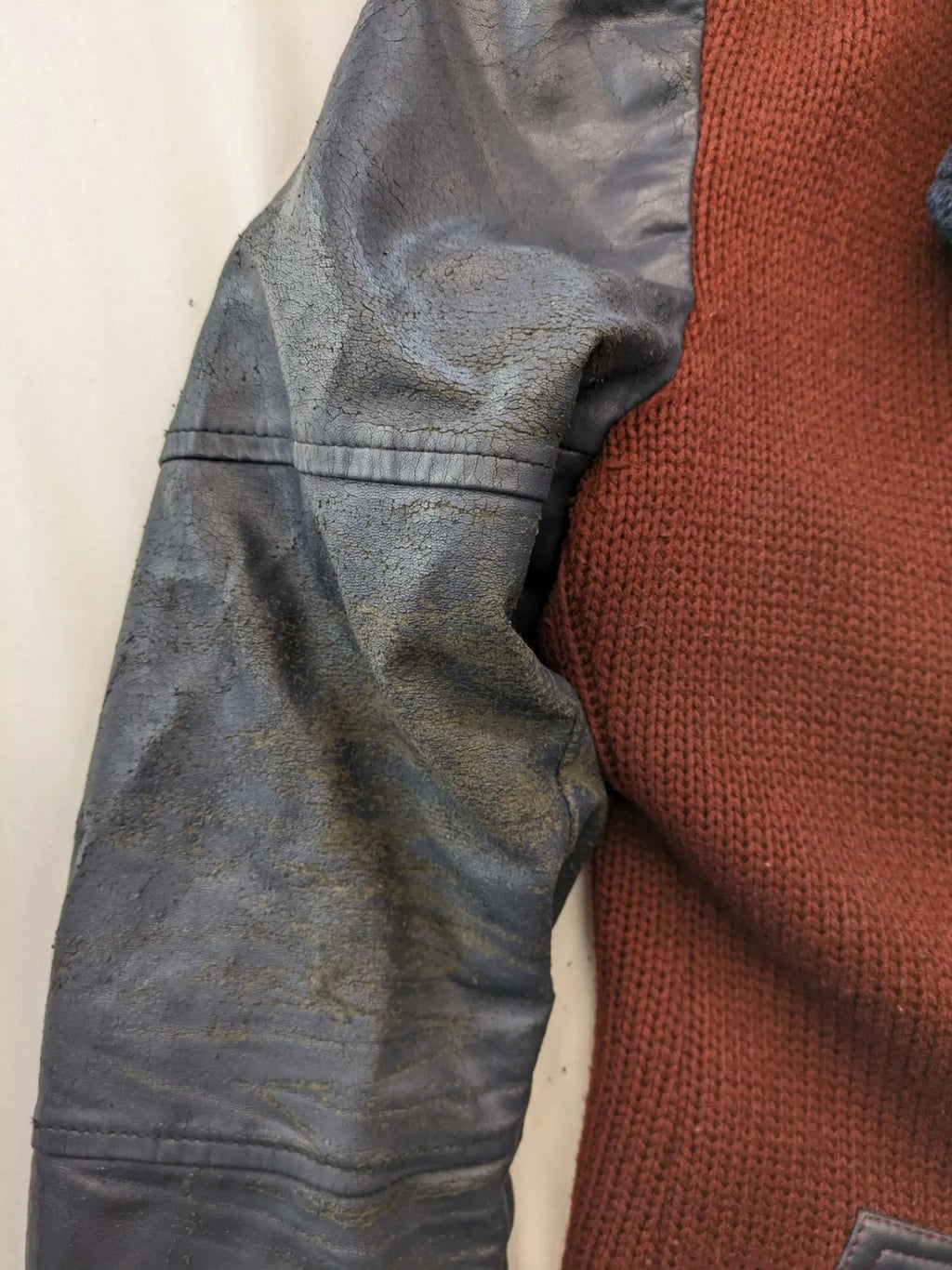 MCR peacoat burgundy grey navy wool blend with leather sleeves and Sherpa collar.