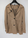 H&M Divided beige trench coat with button closure, hood, and polka dot lining.