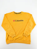 Columbia yellow turtle neck jumper with iconic logo, ribbed cuffs, and soft cotton material.