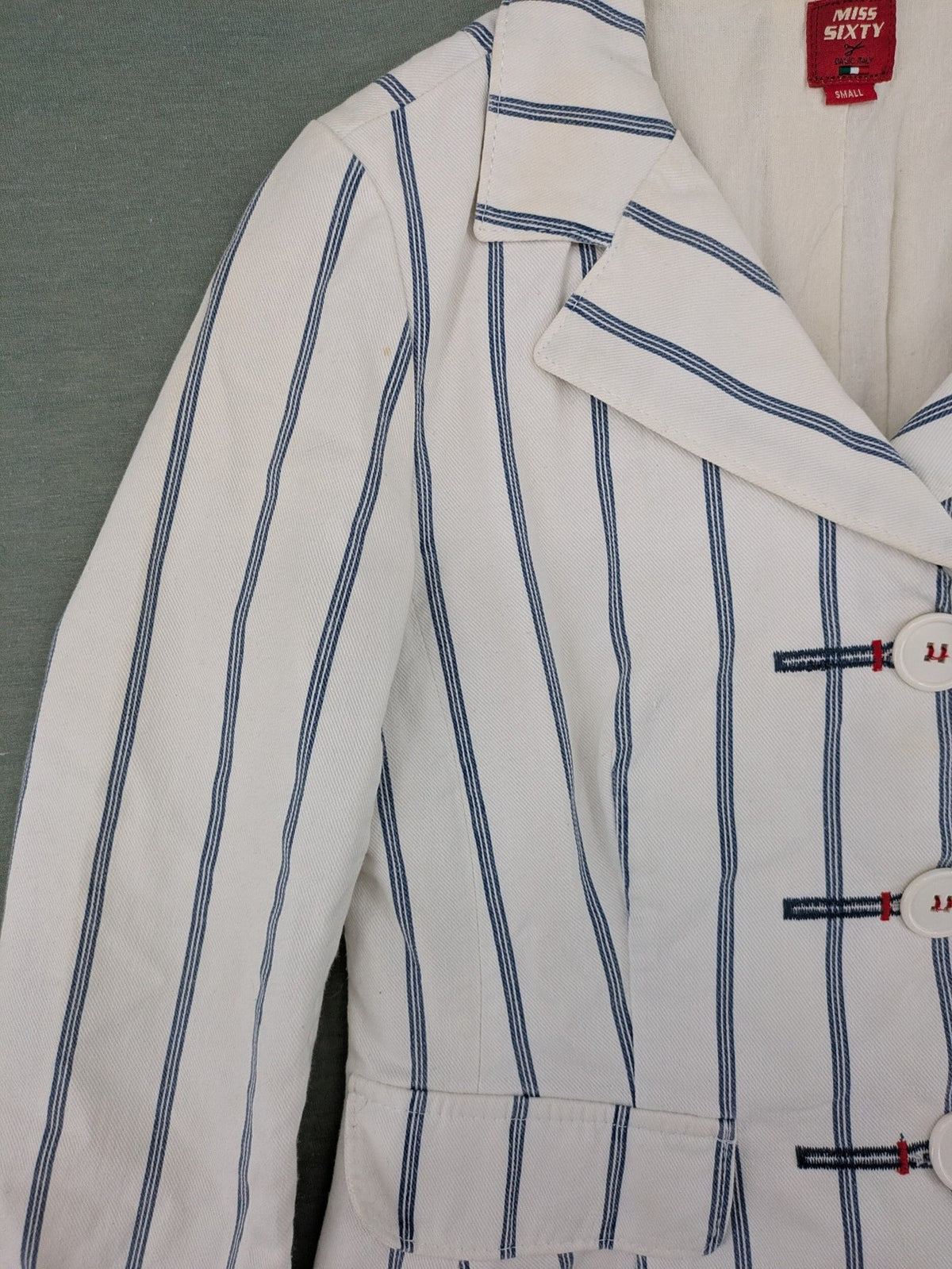 Miss Sixty vintage blazer white and blue striped cotton with logo and unique button closures.