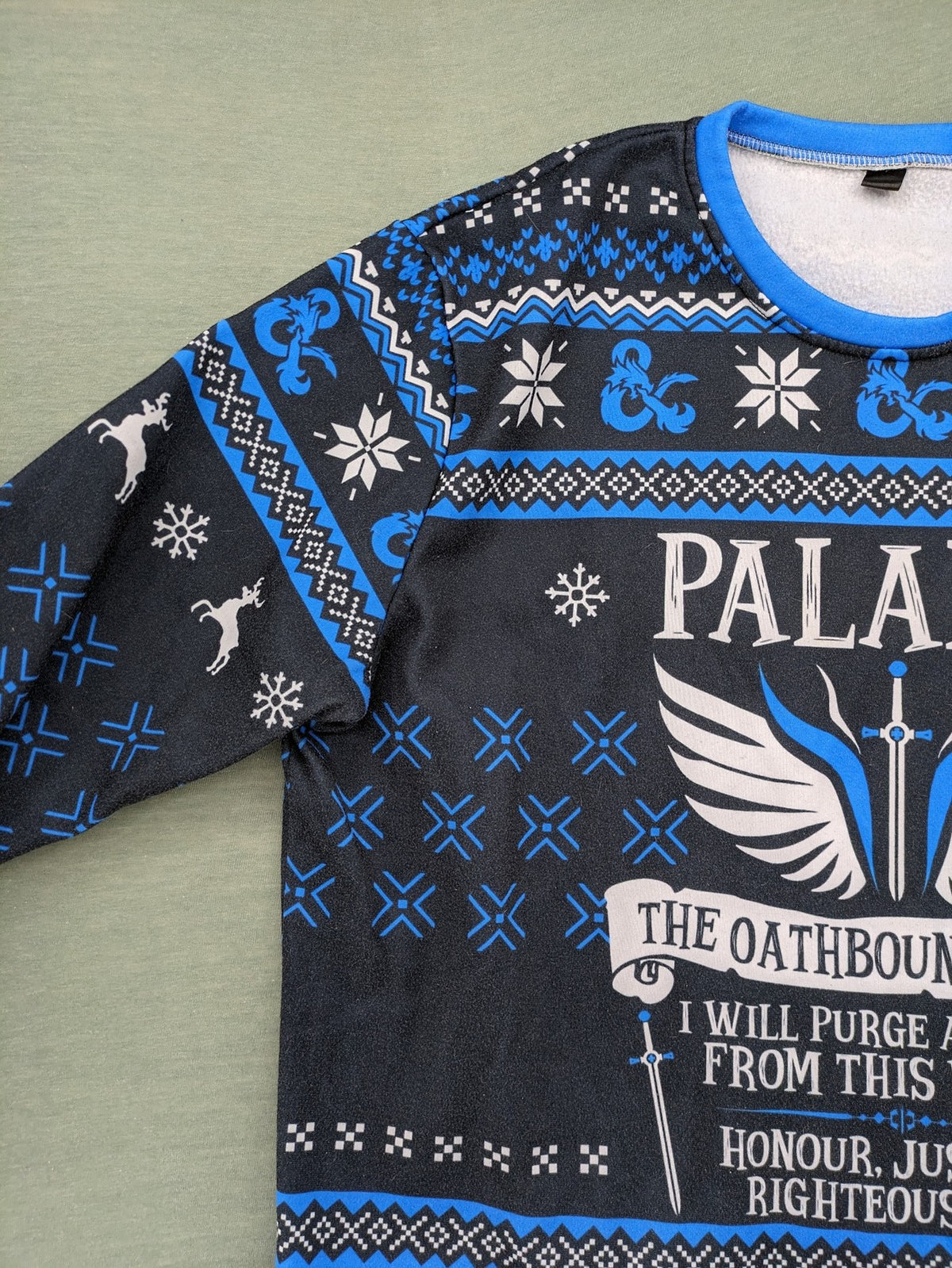 Dungeons & Dragons blue sweatshirt featuring Paladin text, iconic logo, and fantasy graphics.