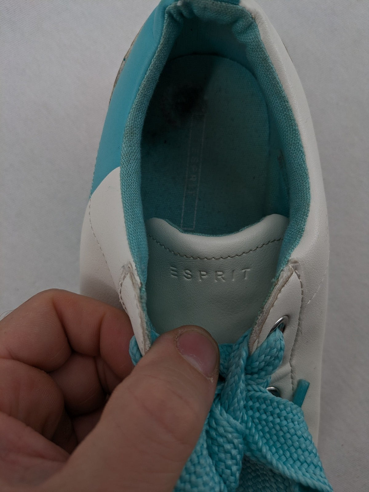 Esprit women's sneakers white with turquoise accents and wide laces.