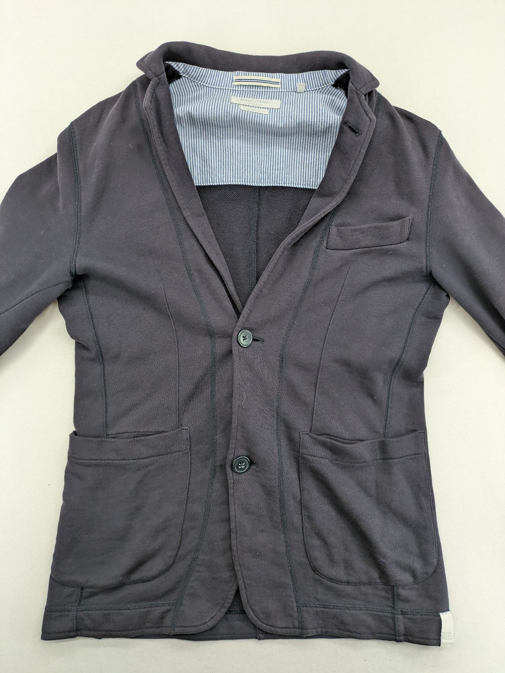 Marc O'Polo grey sweatblazer jacket, structured organic cotton, elbow patches, striped inner lining.