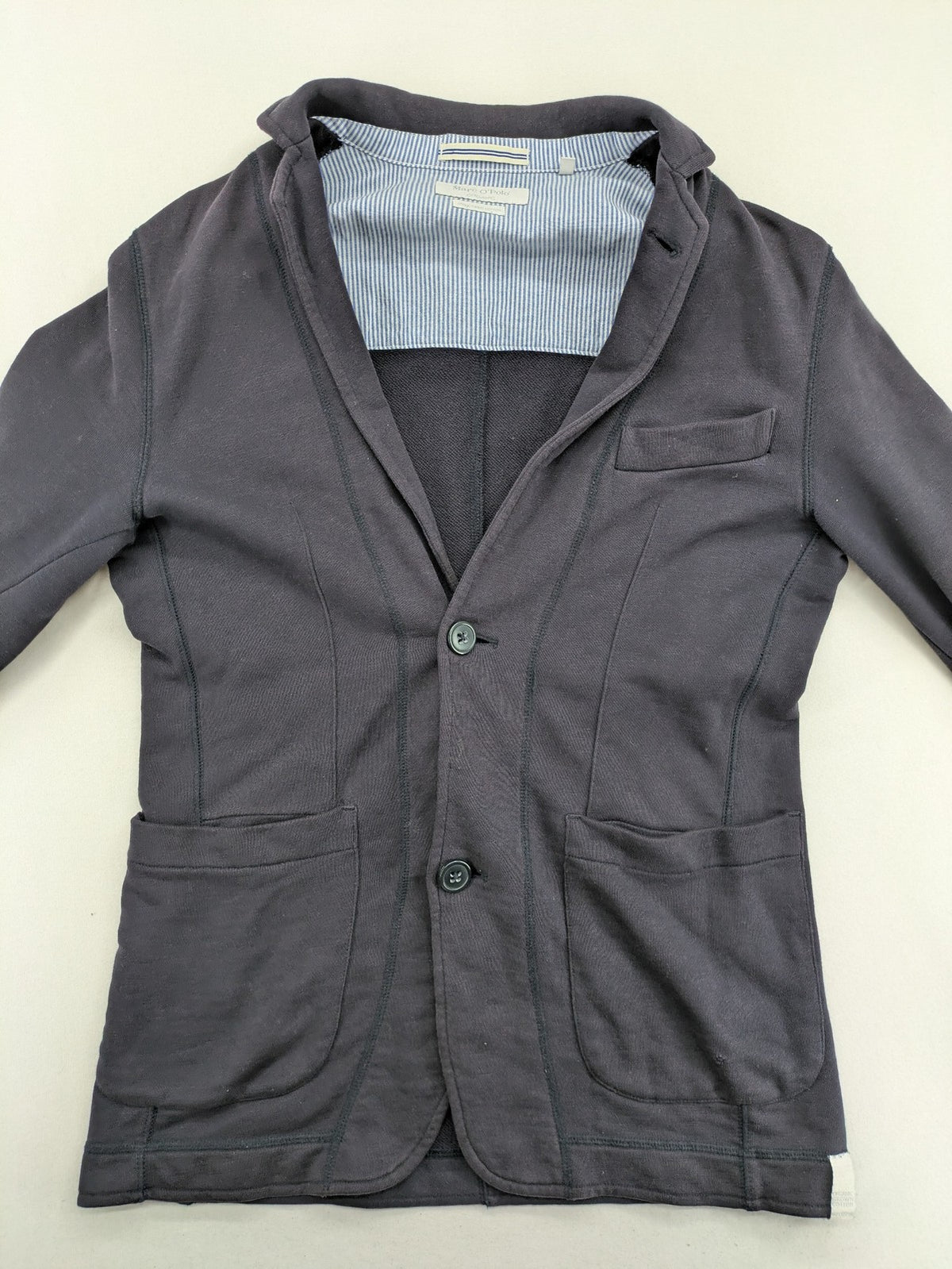 Marc O'Polo grey sweatblazer jacket, structured organic cotton, elbow patches, striped inner lining.