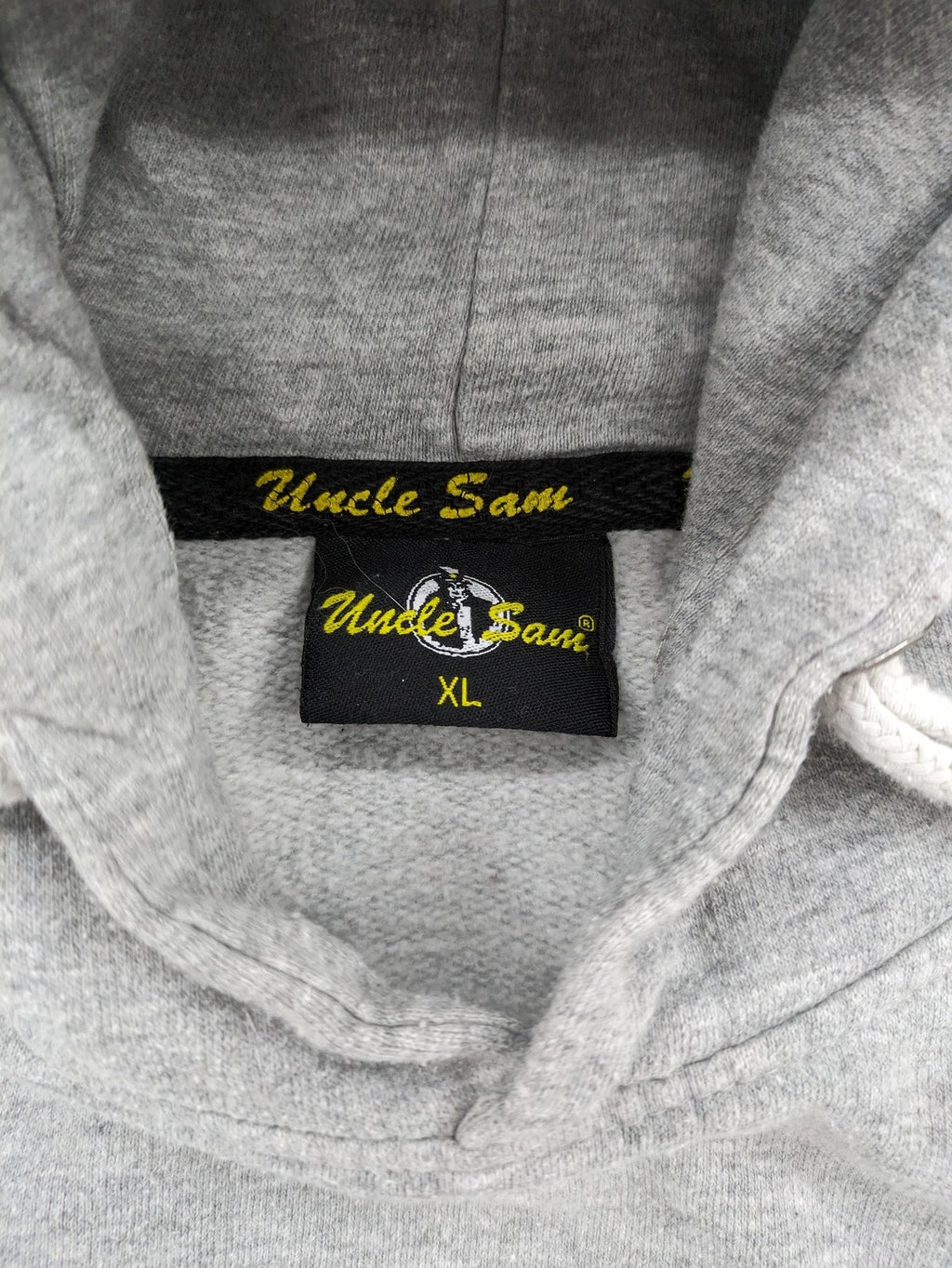 Uncle Sam grey hoodie with logo print, kangaroo pocket, and drawstring hood.