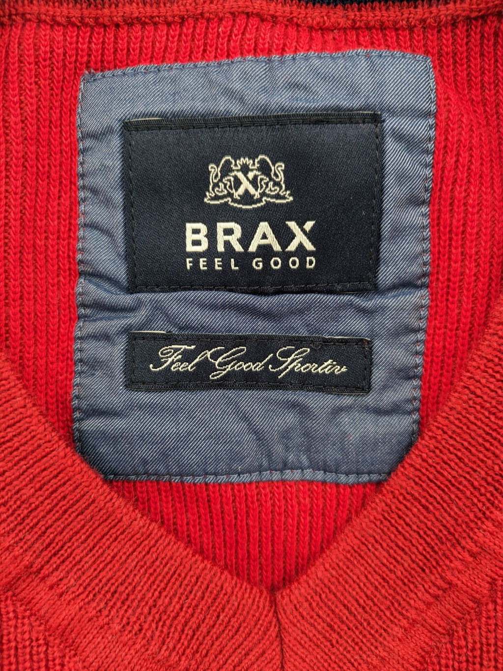 BRAX red turtle neck jumper V-neck design made from merino wool and cotton blend.
