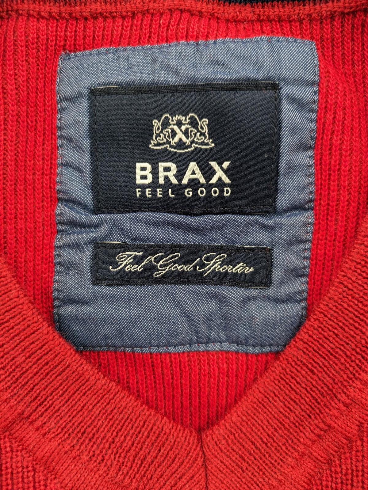BRAX red turtle neck jumper V-neck design made from merino wool and cotton blend.