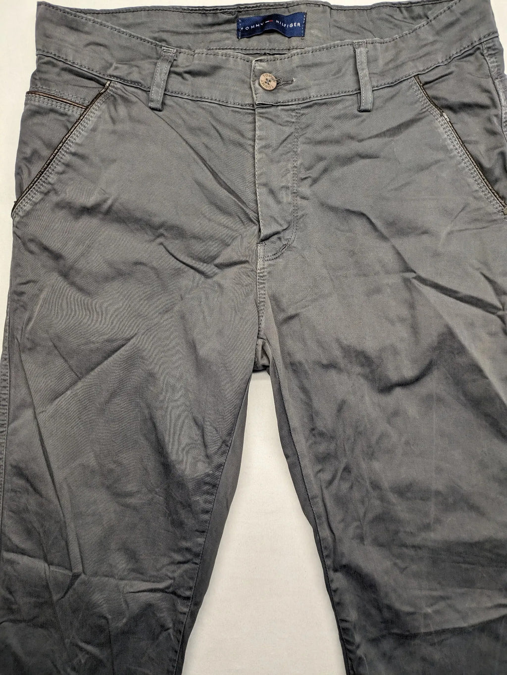 Tommy Hilfiger grey chino pants flat front straight leg subtle logo detail
