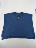 Secondhand blue tank top with ribbed texture and colorful decorative buttons.