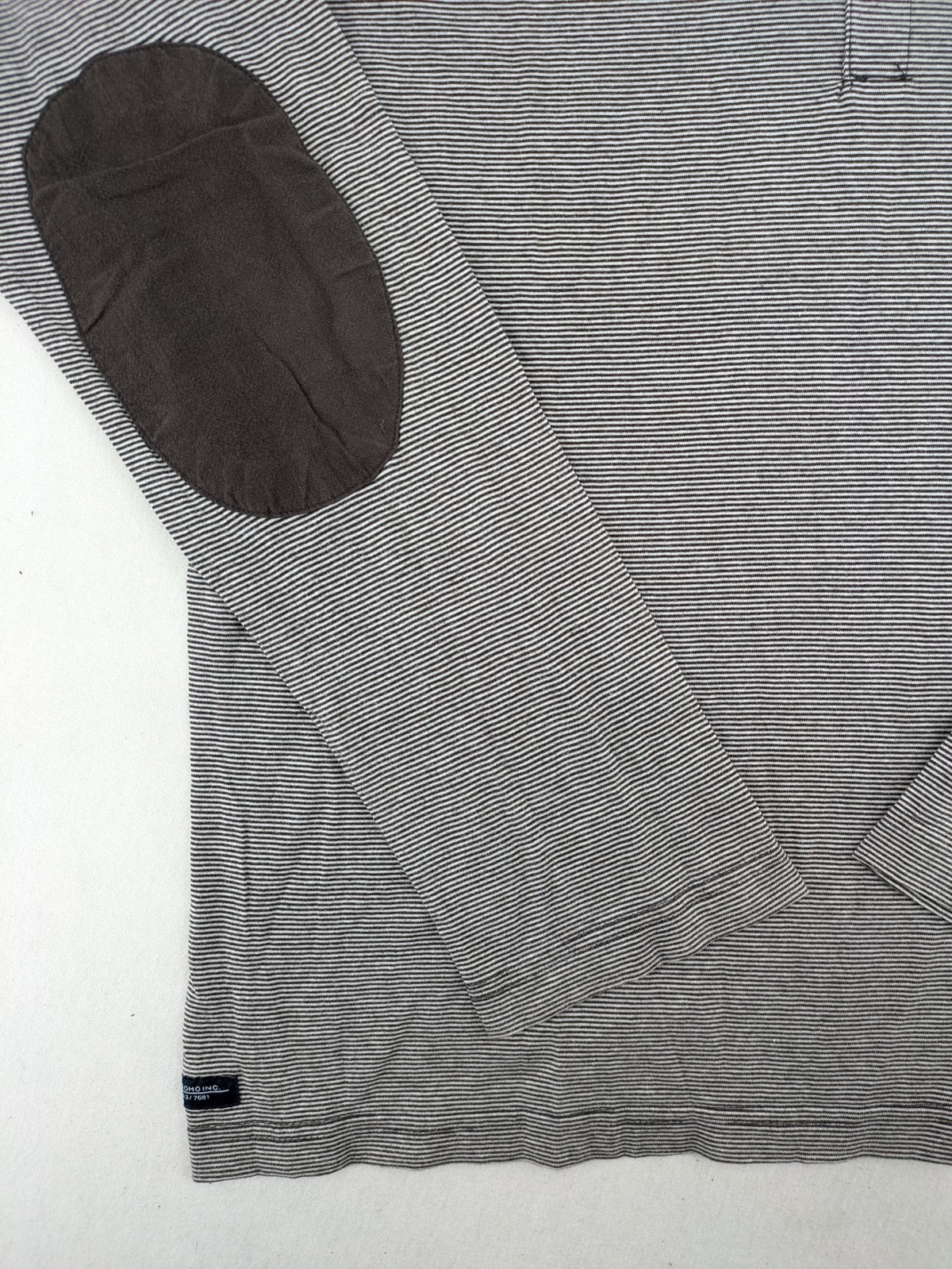 Pull&Bear grey striped Henley shirt with elbow patches and decorative shoulder flaps.