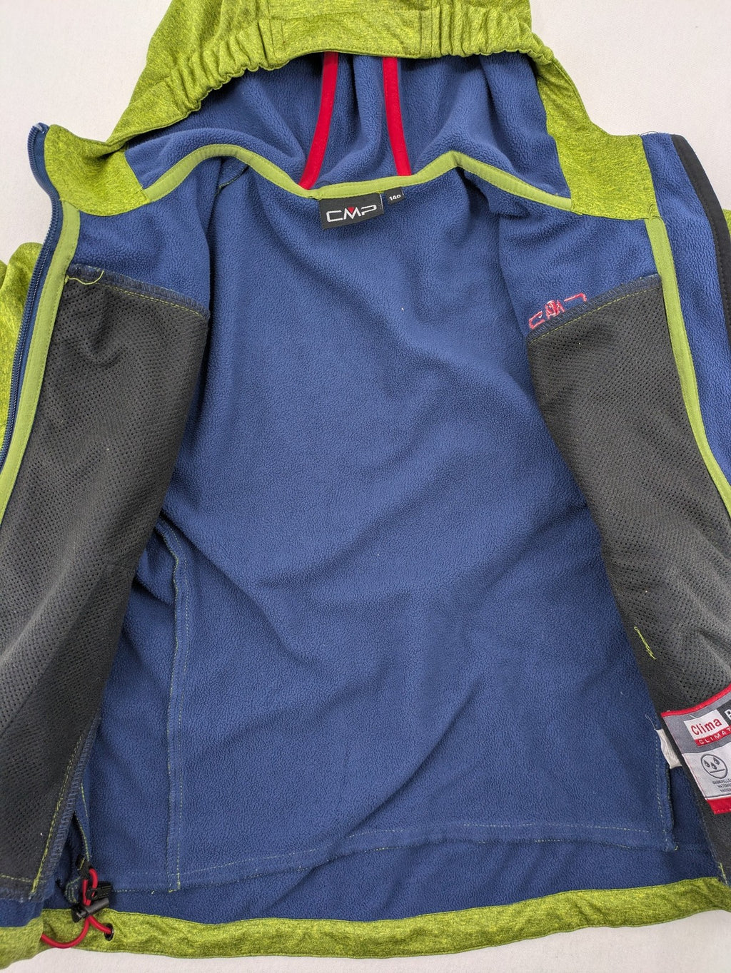 CMP outdoor coat blue and green with fleece lining, zip closure, and hood.