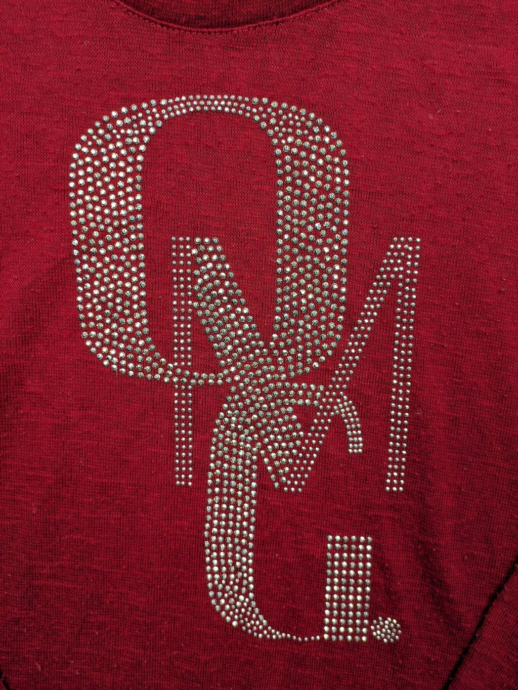 BLIND DATE cream red long sleeve top with sparkling OMG rhinestone design and classic round neckline.