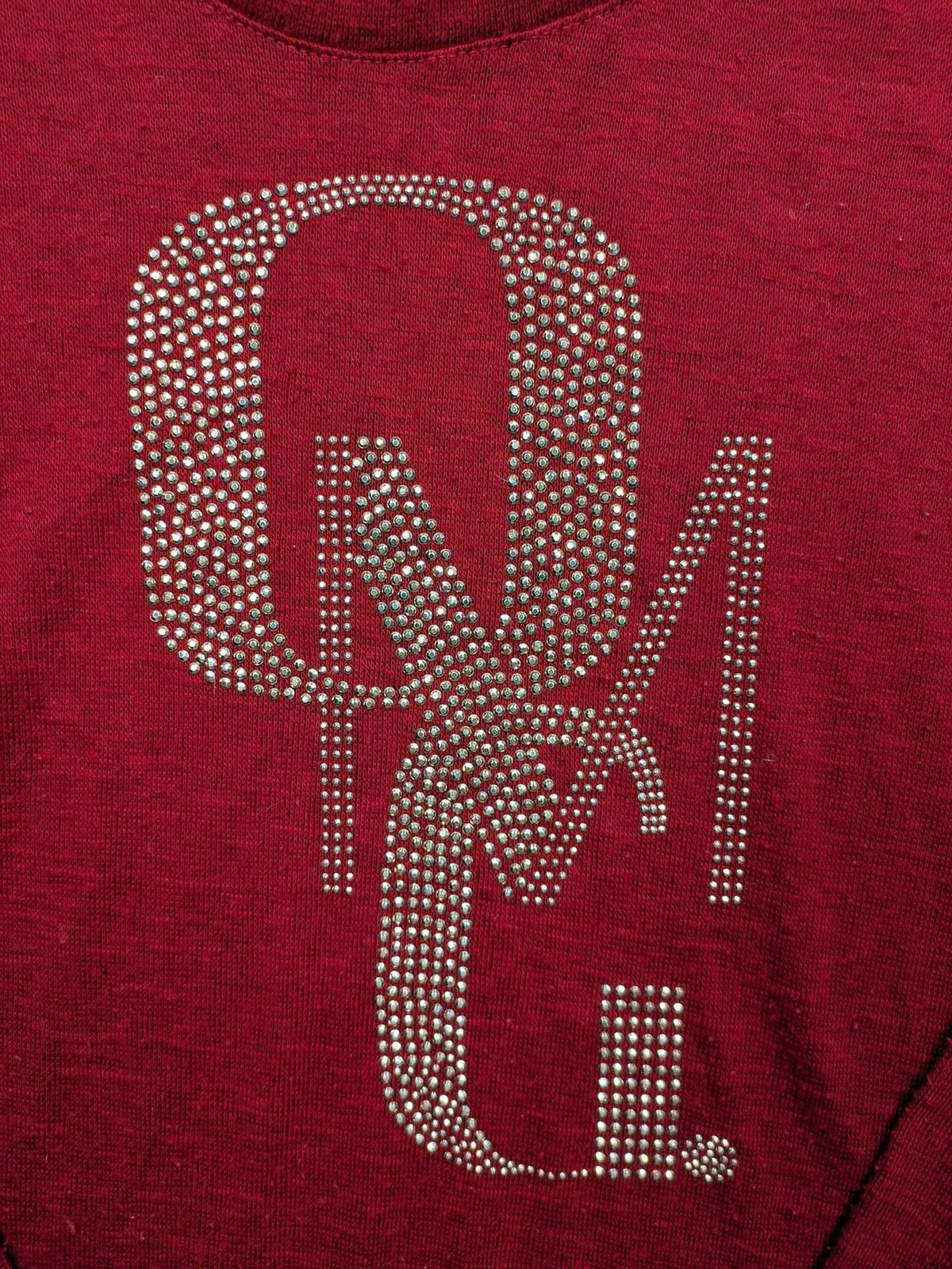 BLIND DATE cream red long sleeve top with sparkling OMG rhinestone design and classic round neckline.