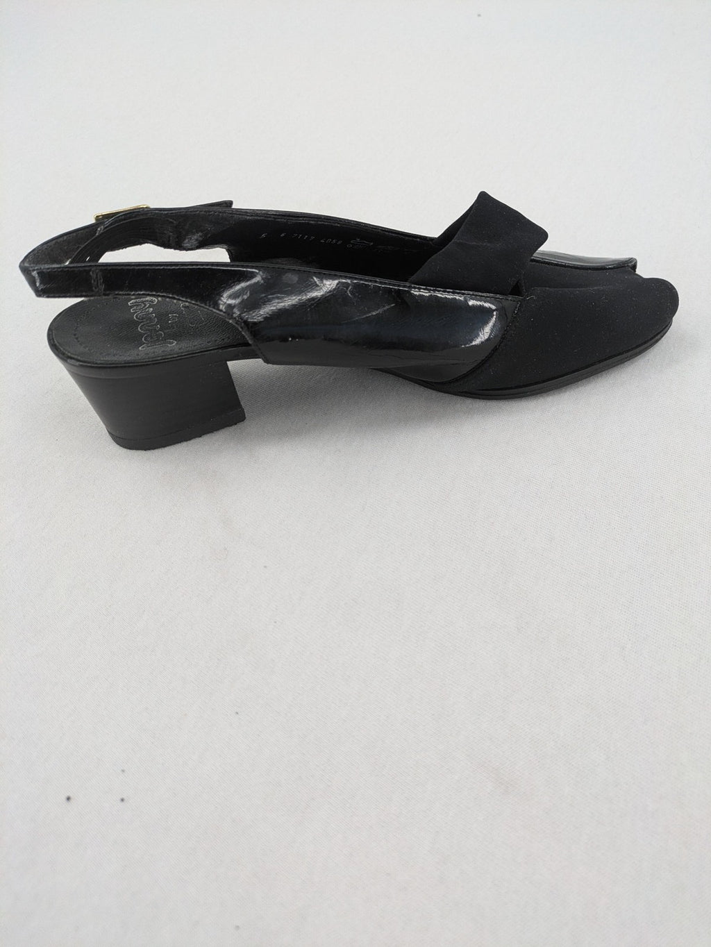 Jenny by Ara black slingback pumps with peep-toe front and glossy finish.