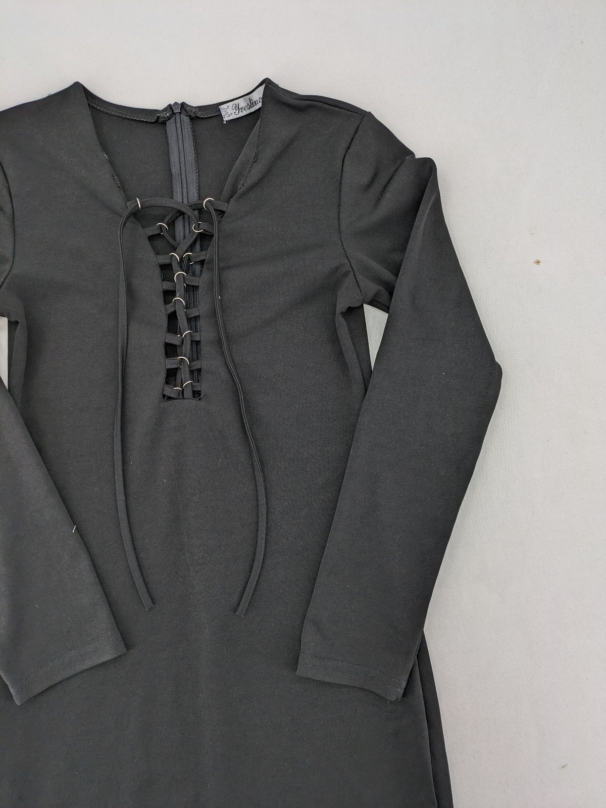 yvesline grey bodycon mini dress with V-neck and lace-up front detail