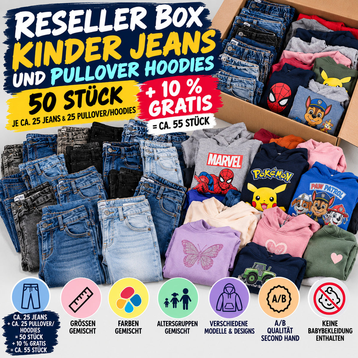 Kids' clothing set blue and green jeans and hoodies, mixed styles and materials.
