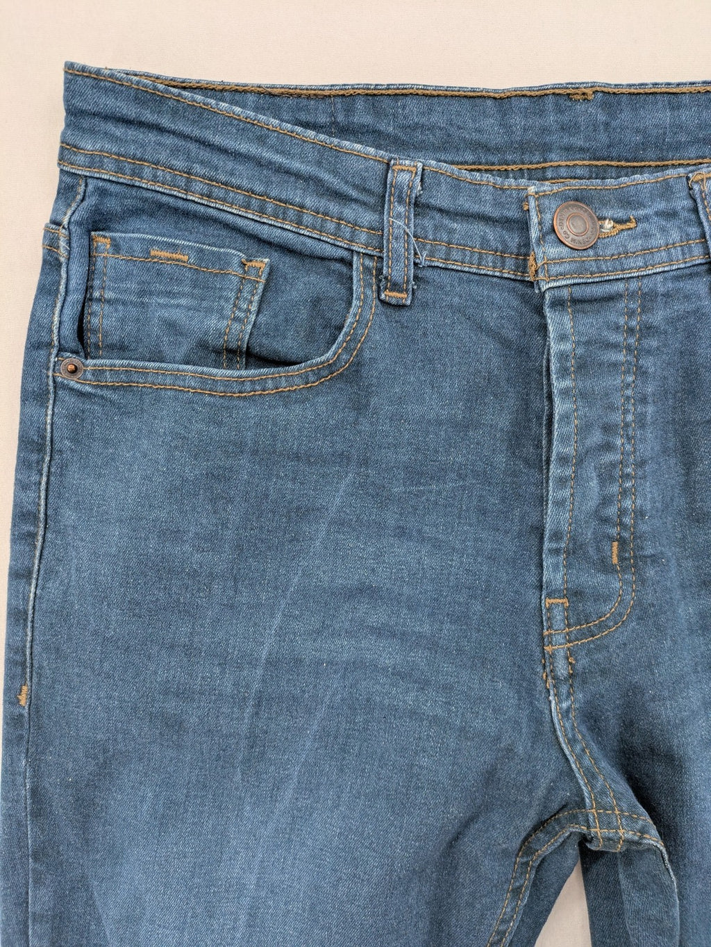 Denim & Co. blue straight fit jeans, classic 5-pocket design, button fly, cotton blend.