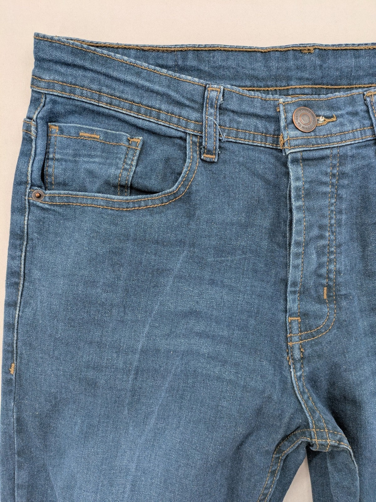Denim & Co. blue straight fit jeans, classic 5-pocket design, button fly, cotton blend.