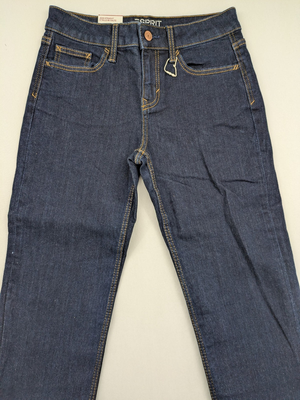 Esprit blue straight leg jeans with contrasting stitching and mid-rise fit.