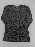 TCM black long sleeve top with floral flock print on sheer fabric.