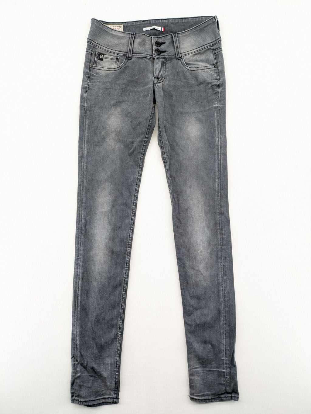 Le Temps des Cerises grey skinny jeans high waist with faded wash and logo detail.