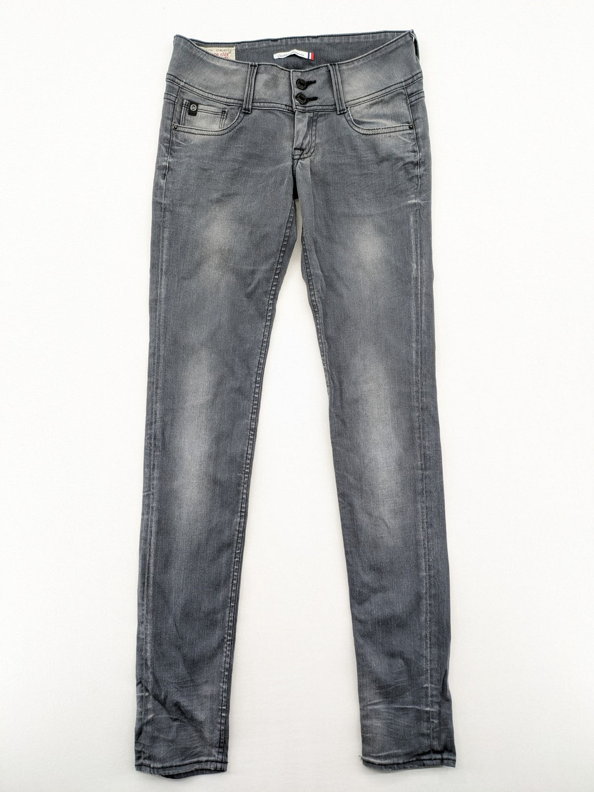Le Temps des Cerises grey skinny jeans high waist with faded wash and logo detail.