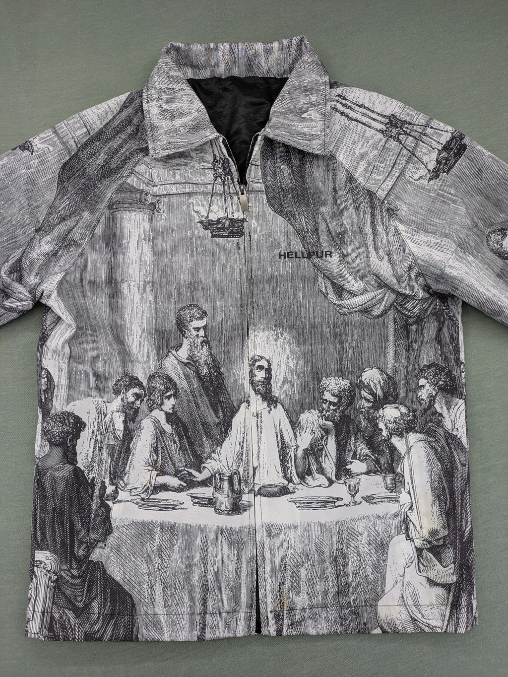 Hellpur black jacket featuring allover print of The Last Supper artwork.