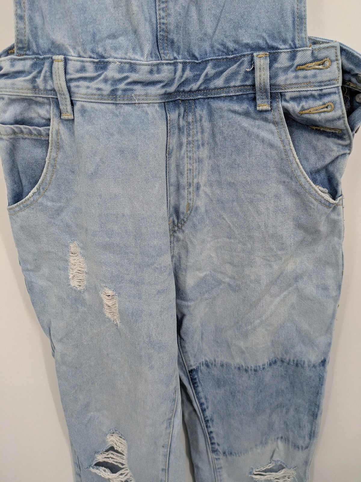 FB Sister blue straight jeans distressed patchwork design relaxed fit 100% cotton