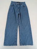 X.LOVE blue high waist wide leg jeans with front pleats and frayed hem.