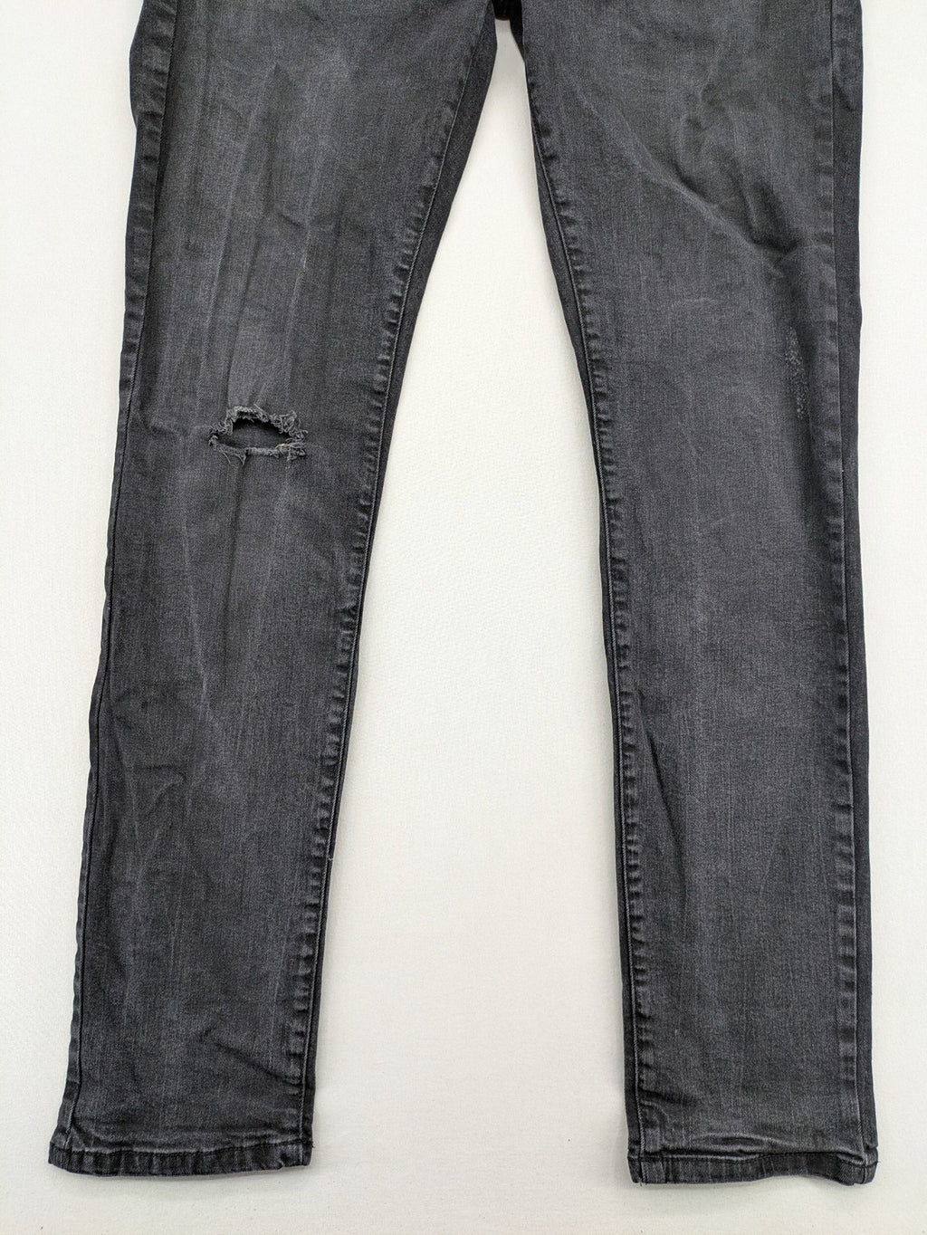 Denim 1982 grey slim fit jeans with ripped knee detail and distressed finish.