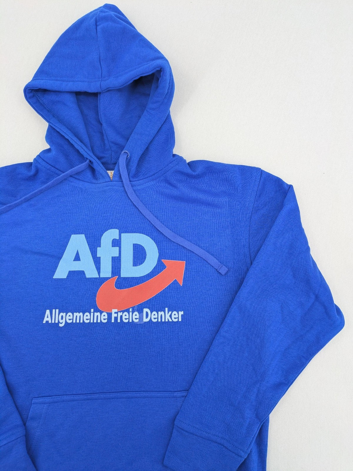 AFD blue hoodie with "AfD Allgemeine Freie Denker" print, kangaroo pocket, drawstring hood.