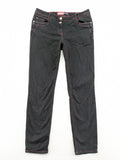 Denim black straight jeans with pink contrast stitching and classic 5-pocket style.