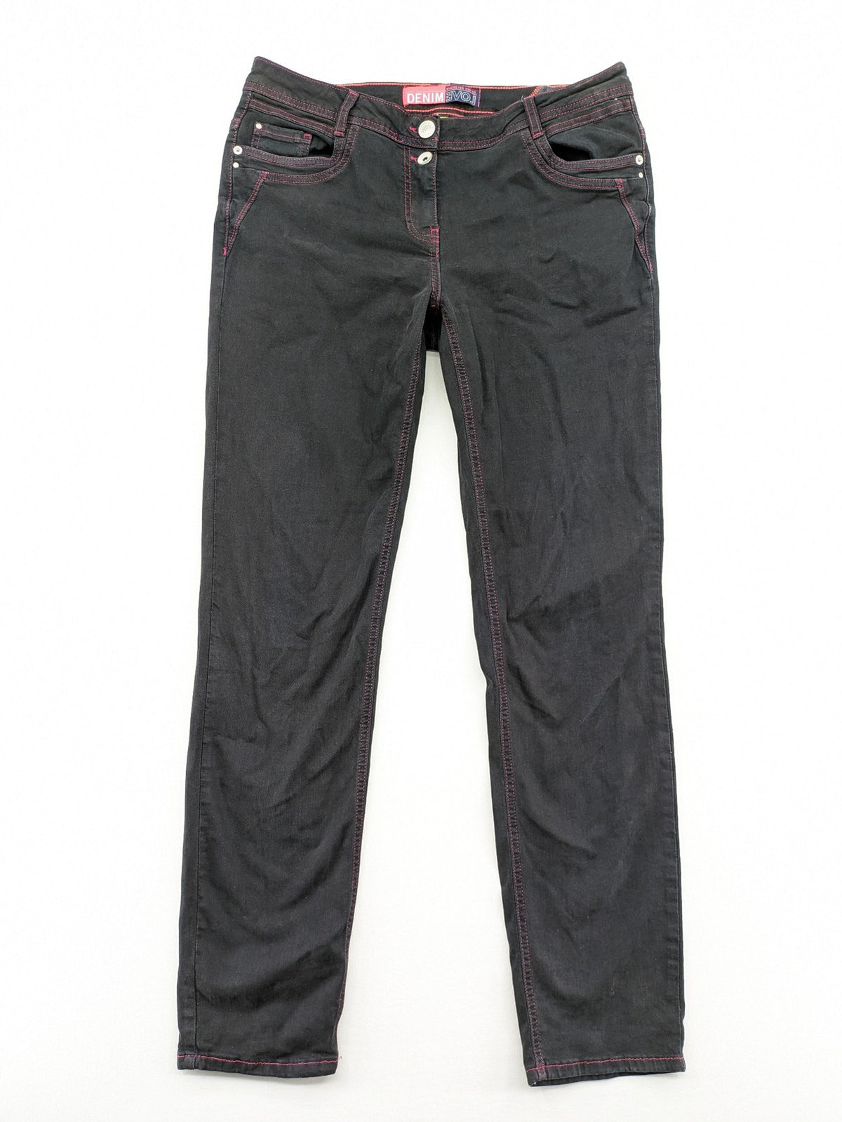 Denim black straight jeans with pink contrast stitching and classic 5-pocket style.