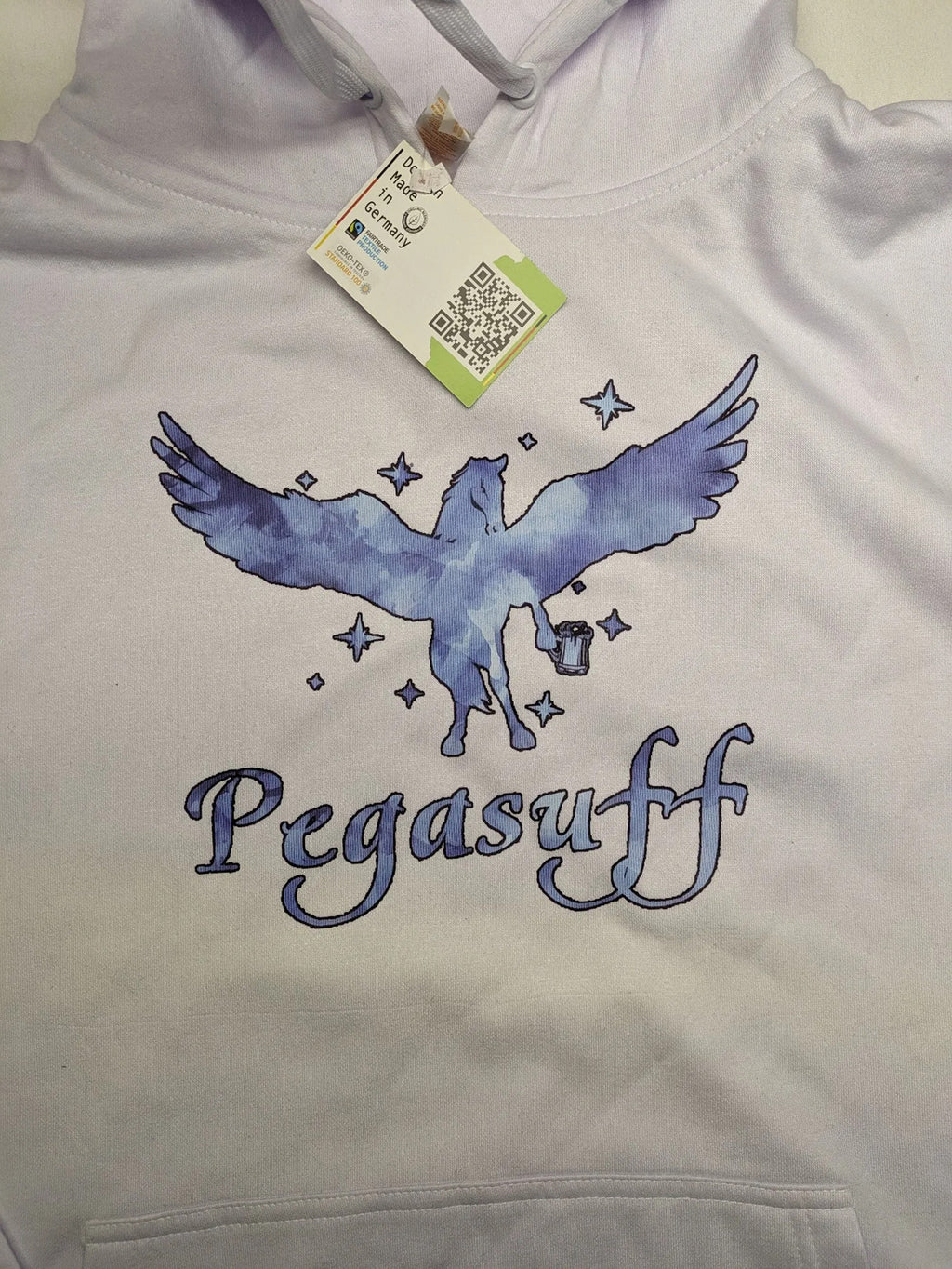 JHK blue hoodie with white "Pegasuff" graphic print and kangaroo pocket.