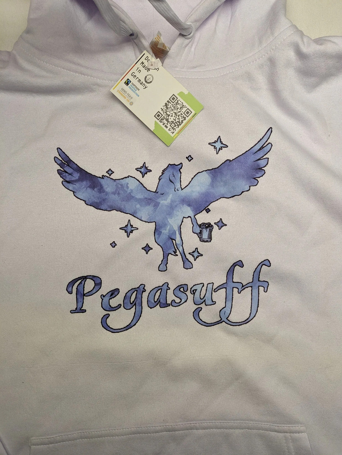 JHK blue hoodie with white "Pegasuff" graphic print and kangaroo pocket.