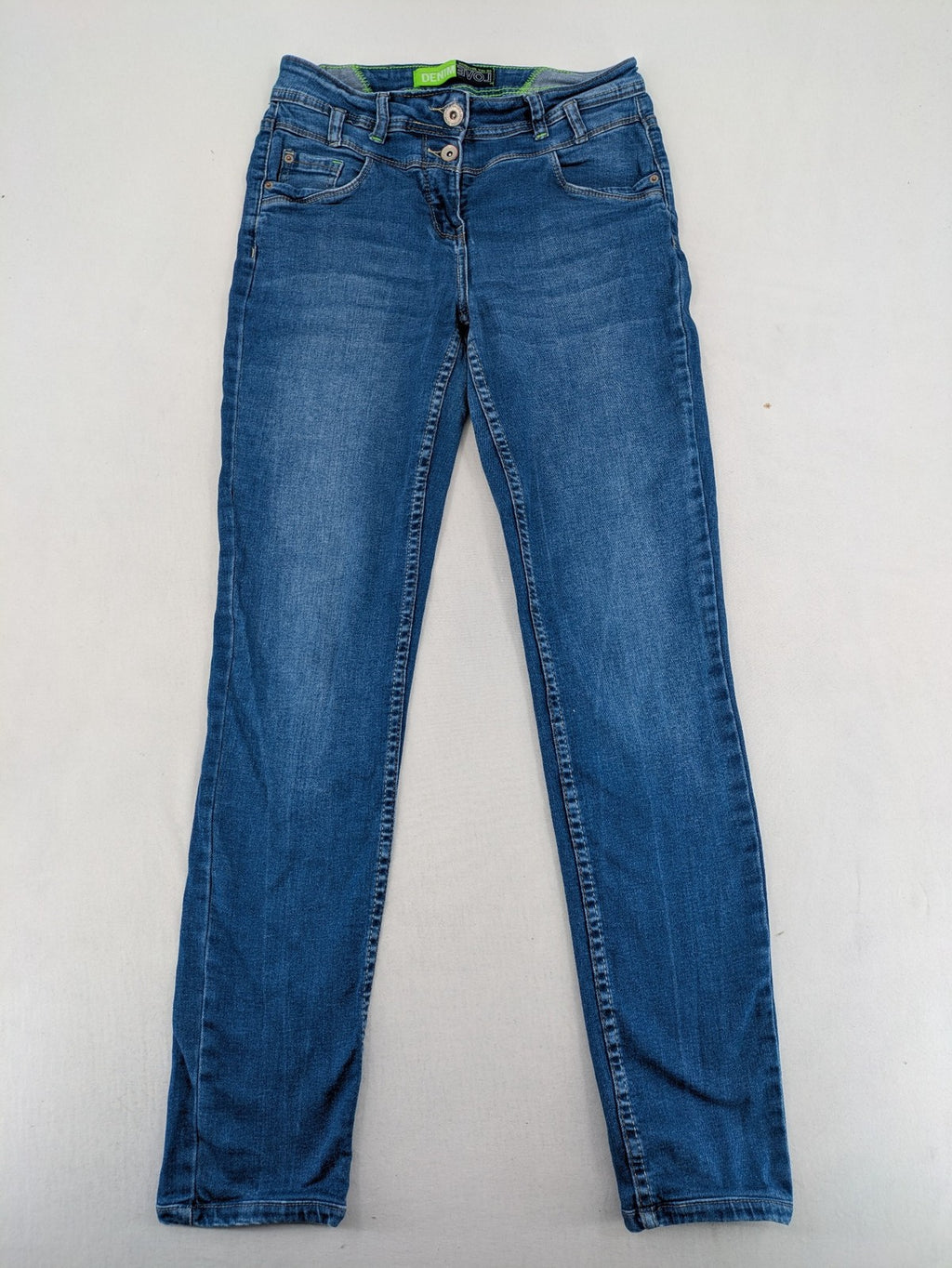 Cecil blue straight jeans with neon green accents and classic 5-pocket design.