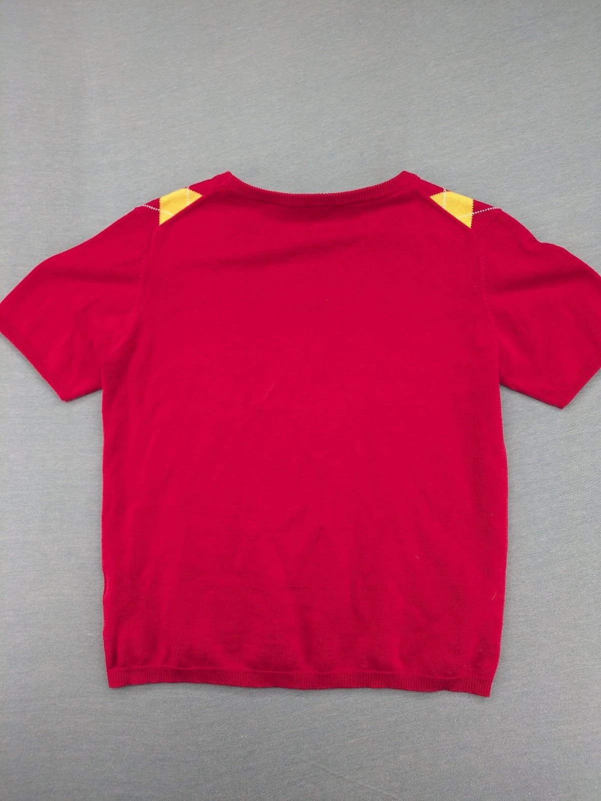 MAYSER multi turtle neck jumper argyle pattern in red, yellow, and black cotton.