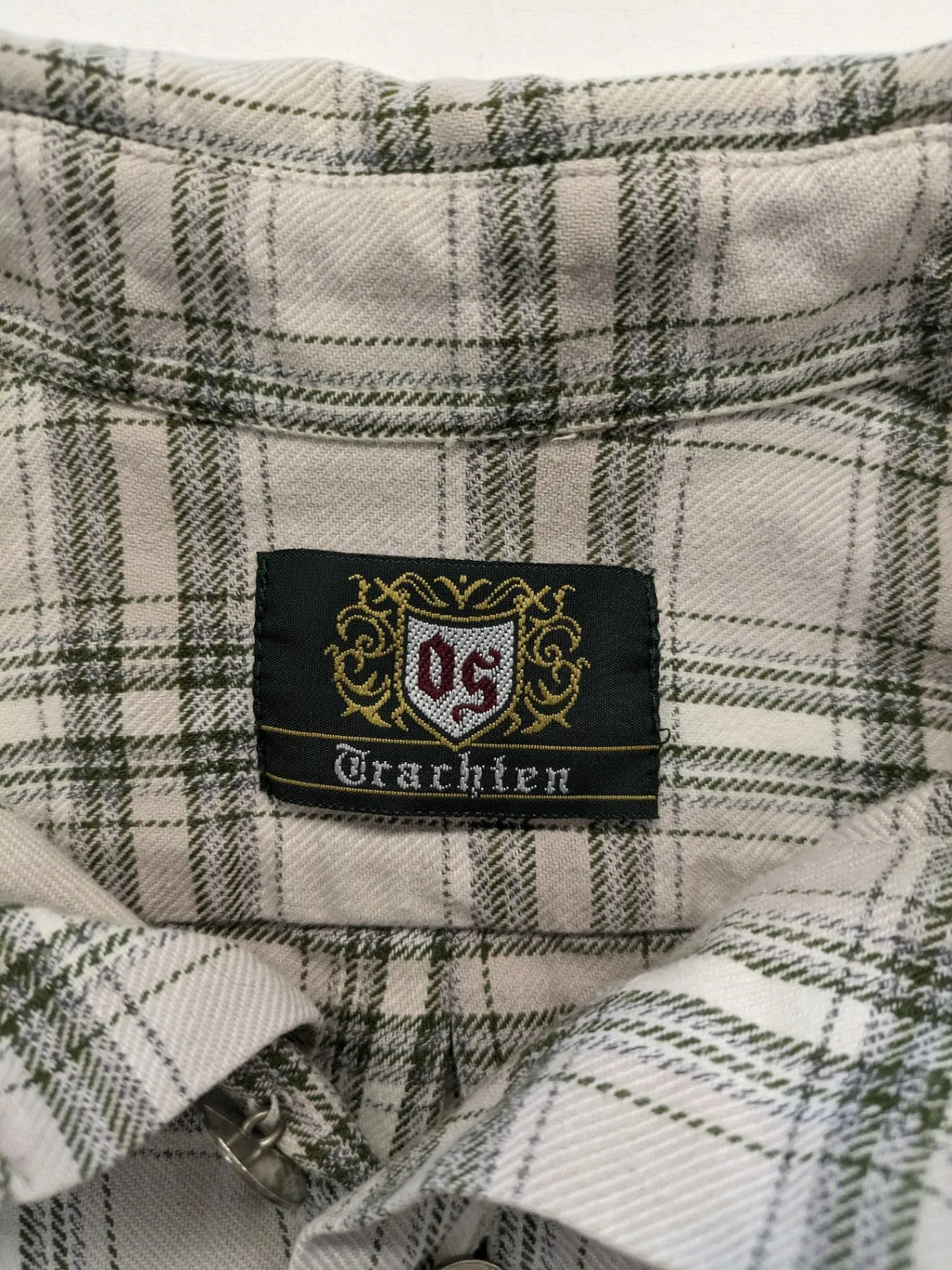 OS Trachten beige green checkered long sleeve shirt with button-up front and chest pocket.