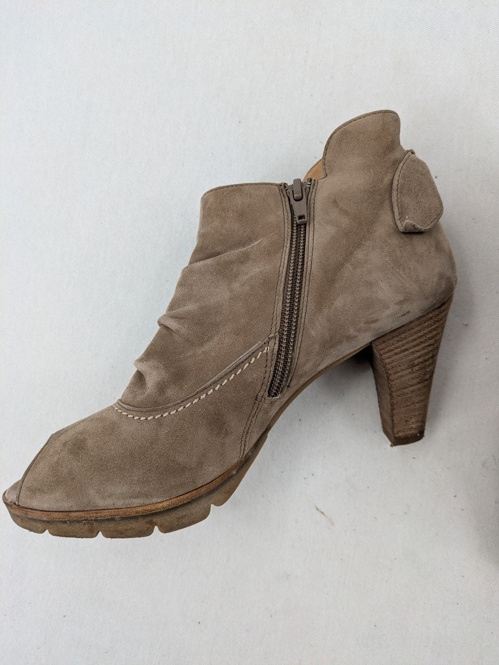 Paul Green taupe suede ankle boots with gathered front, peep toe, and block heel.