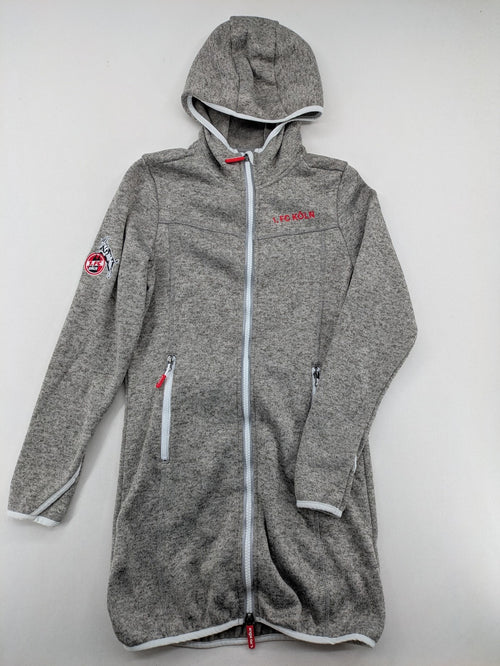 1. FC Köln grey fleece jacket with embroidered logo and hood, perfect for fans.