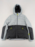Wedze ski coat grey and black colorblock design with neon accents and fleece lining.