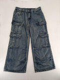 Baggy blue straight jeans wide leg with cargo pockets and elastic waistband.
